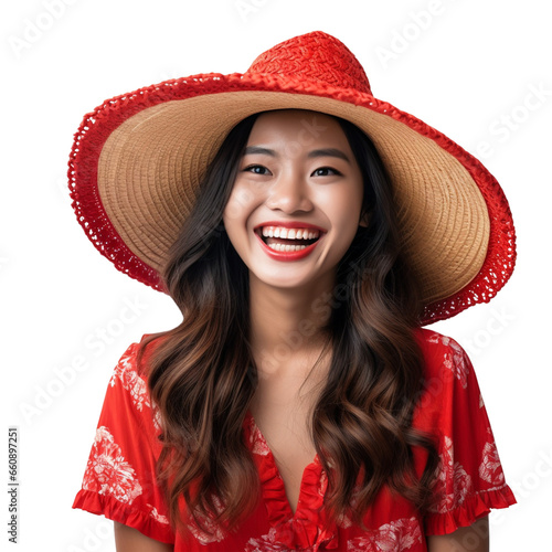 Asian woman wearing a summer straw hat is smiling happily on PNG transparent background.