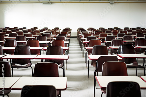 empty class, empty desks and chairs