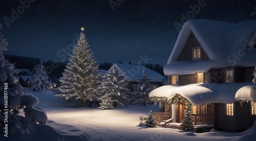 christmas decorated house in winter, house in the snow, christmas decorated house in winter in the forest, christmas scene in the forest © Gegham