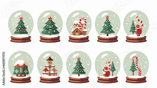 simple illustration set, christmas snowglobe isolated on white background. Christmas snowglobe with christmas tree and other decorations.