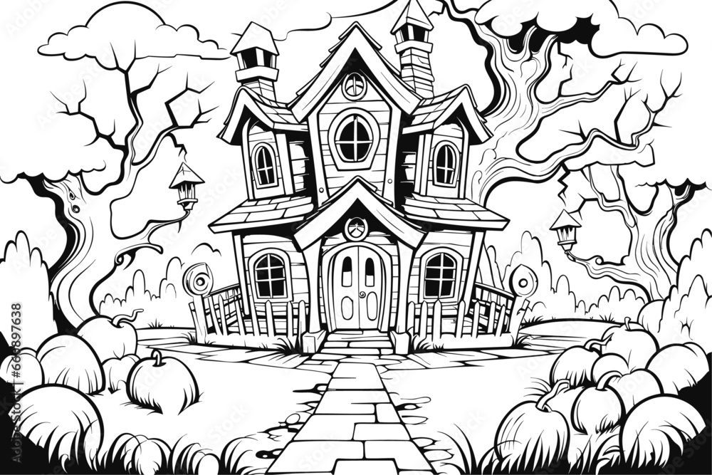 Vector coloring page or book for Halloween with spooky haunted mansion, mystic fairytale house. Cute fantasy hand drawn black and white contour image for kids
