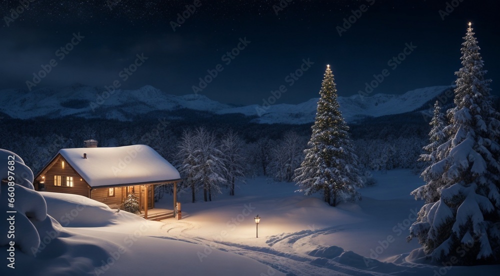 christmas decorated house in winter, house in the snow, christmas decorated house in winter in the forest, christmas scene in the forest