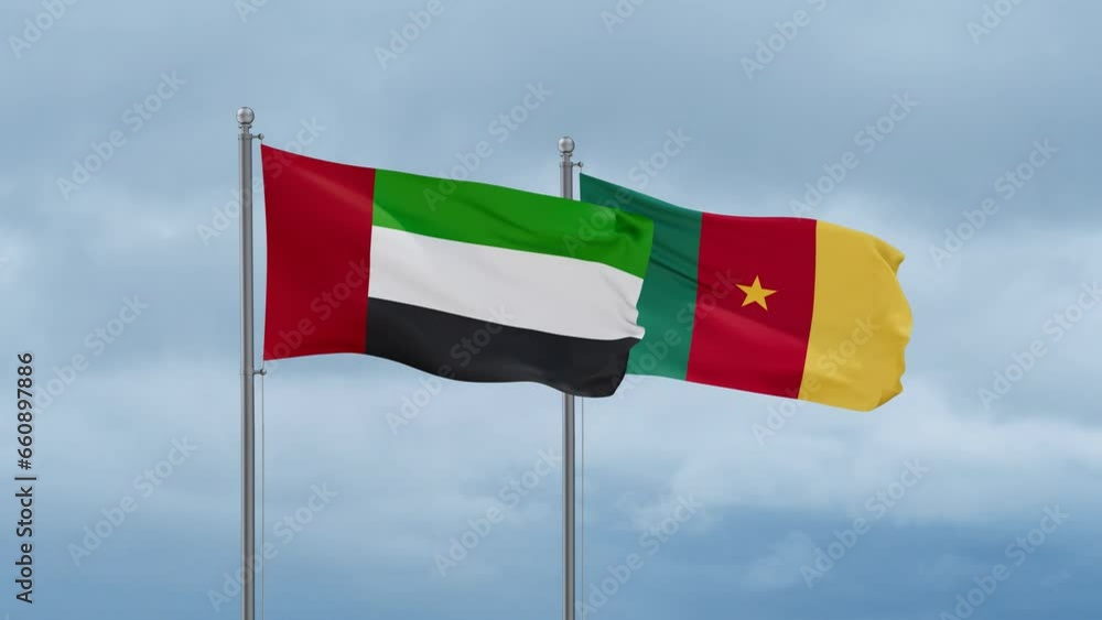 Cameroon flag and United Arab Emirates UAE flag waving together on cloudy sky, endless seamless loop, two country relations concept Cameroon flag and United Arab Emirates UAE flag waving together on cloudy sky, endless seamless loop, two country relations concept