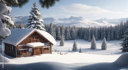 christmas decorated house in winter, house in the snow, christmas decorated house in winter in the forest, christmas scene in the forest © Gegham