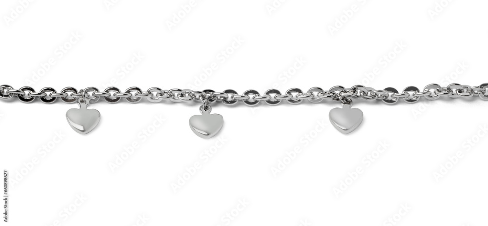 One metal chain with heart pendants isolated on white. Luxury jewelry One metal chain with heart pendants isolated on white. Luxury jewelry