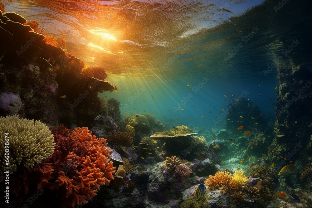 Underwater, tropical seabed, reef, sunshine. Generative AI
