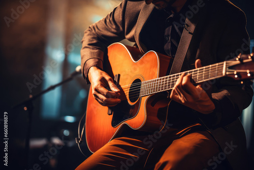 man and his band playing an acoustic guitar near microphones during a live concert