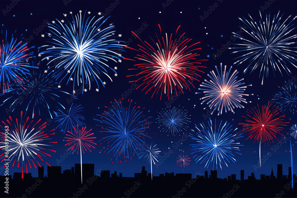Elevate your projects with this colorful fireworks illustration in the night sky. Perfect for conveying the excitement of a pyrotechnic display at any event.