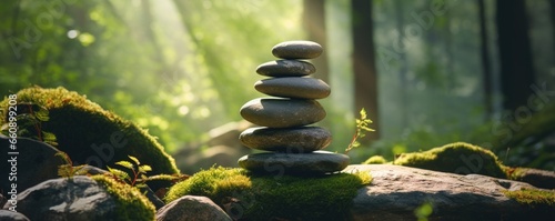 tower of zen stones in summer forest on sunny day
