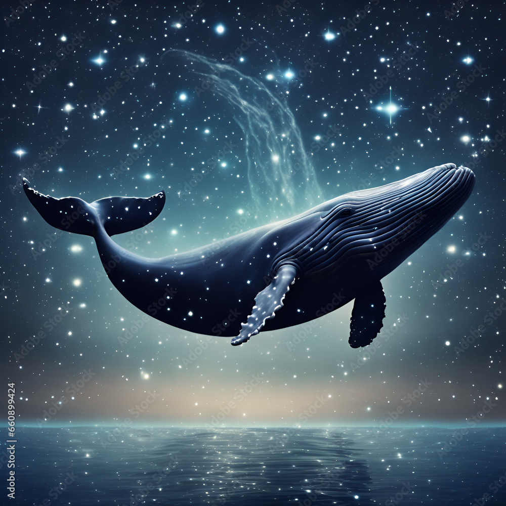 Fototapeta premium Big whale flying in the starry sky
