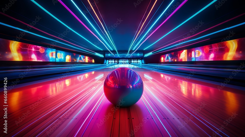 Vibrant neon-lit bowling balls on a polished lane at a modern bowling alley - obrazy, fototapety, plakaty 