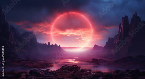 Abstract landscape with mysterious glowing circle in the air above rocky desert