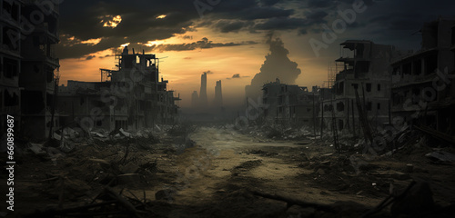 painting style illustration of war destroyed area of civilian  town building and home with fire and bomb cloud explode at horizon , Generative Ai