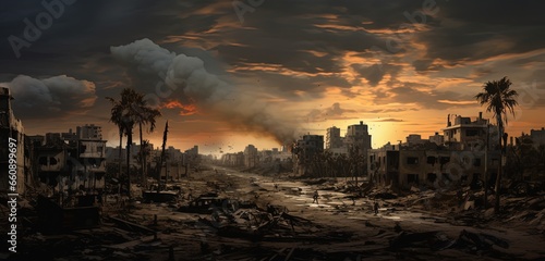 painting style illustration of war destroyed area of civilian town building and home with fire and bomb cloud explode at horizon , Generative Ai