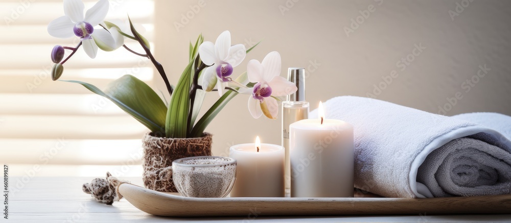 Vintage wooden tray with hyacinths candles palm tree shadow metal basket of shampoos creams rolled towel and soap bars With copyspace for text