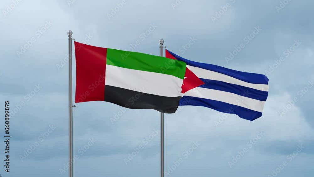 Cuba and United Arab Emirates UAE flag waving together on cloudy sky, endless seamless loop, two country cooperation concept Cuba and United Arab Emirates UAE flag waving together on cloudy sky, endless seamless loop, two country cooperation concept