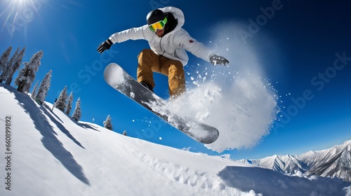 Snowboarder performing a stunning big air trick in mid-air with snowflakes flying around