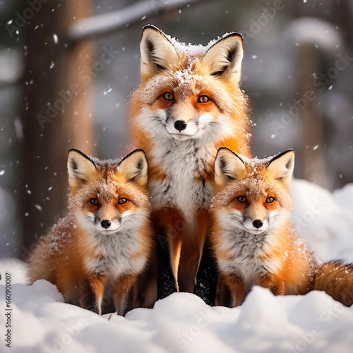 Adorable red foxes in a snowy forest