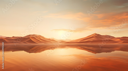 Create a mesmerizing image of a desert mirage, where shimmering heatwaves create optical illusions on the horizon. Showcase the mystique and wonder of the desert environment.