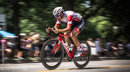 Cyclist in action: a dynamic shot of a professional racer breaking away from the pack on a rural road photo