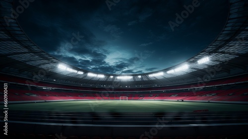 Aerial view of a crowded stadium with green grass and bright lights at night © Ameer