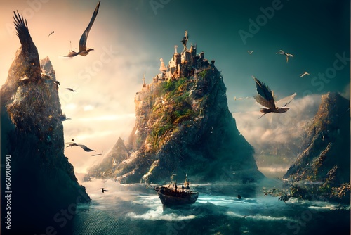 a world made of storybook pages mountains ocean fantasy city birds flying realism style 8k atmospheric dramatic lighting raytracing cinematic lighting epic composition action style 