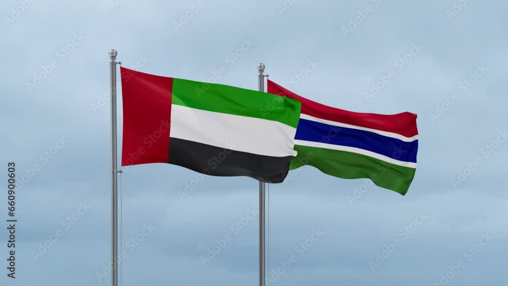 Gambia flag and United Arab Emirates UAE flag waving together on cloudy sky, endless seamless loop, two country relations concept Gambia flag and United Arab Emirates UAE flag waving together on cloudy sky, endless seamless loop, two country relations concept
