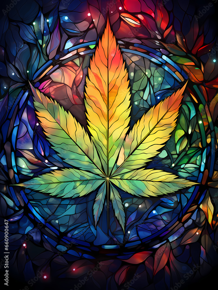 Cannabis - A Colorful Leaf On A Stained Glass Window Cannabis - A Colorful Leaf On A Stained Glass Window