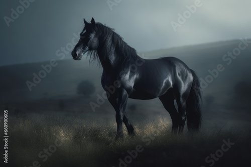 Black mustang horse. Beautiful equestrian horse freedom symbol. Generate ai