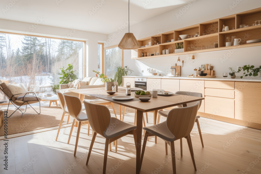 Interior of a cozy dining room with kitchen in Scandinavian style, wooden chairs and table, soft lighting, elegant and understated decor