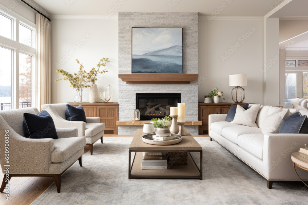 Interior of a living room in Transitional style with sofas and a painting over the fireplace a perfect balance of modern and traditional elements Interior of a living room in Transitional style with sofas and a painting over the fireplace a perfect balance of modern and traditional elements