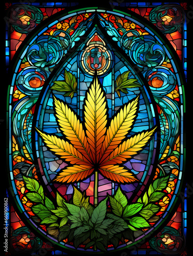 Cannabis - A Stained Glass Window With A Leaf