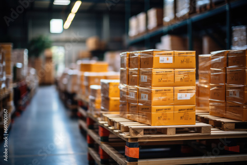 Interior of a modern warehouse storage of retail shop with pallet truck near shelves photo