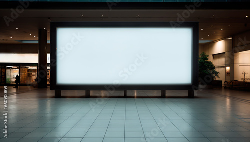 Mockup with background in shopping centre gallery, digital media blank black and white screen modern panel signboard for advertisement design, digital