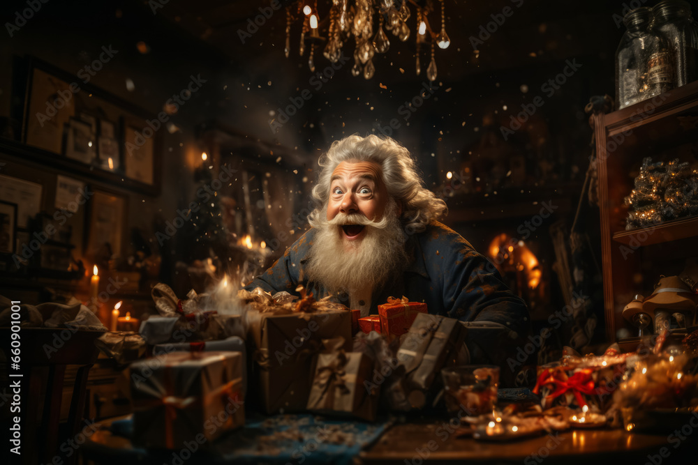 Cheerful emotional Santa Claus with a gifts in hands in his workshop. Christmas fairytale
