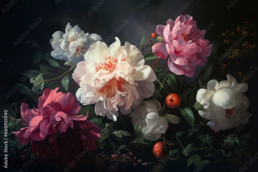 Oil painting peonies. Composition bouquet spring blossom flowers. Generate ai