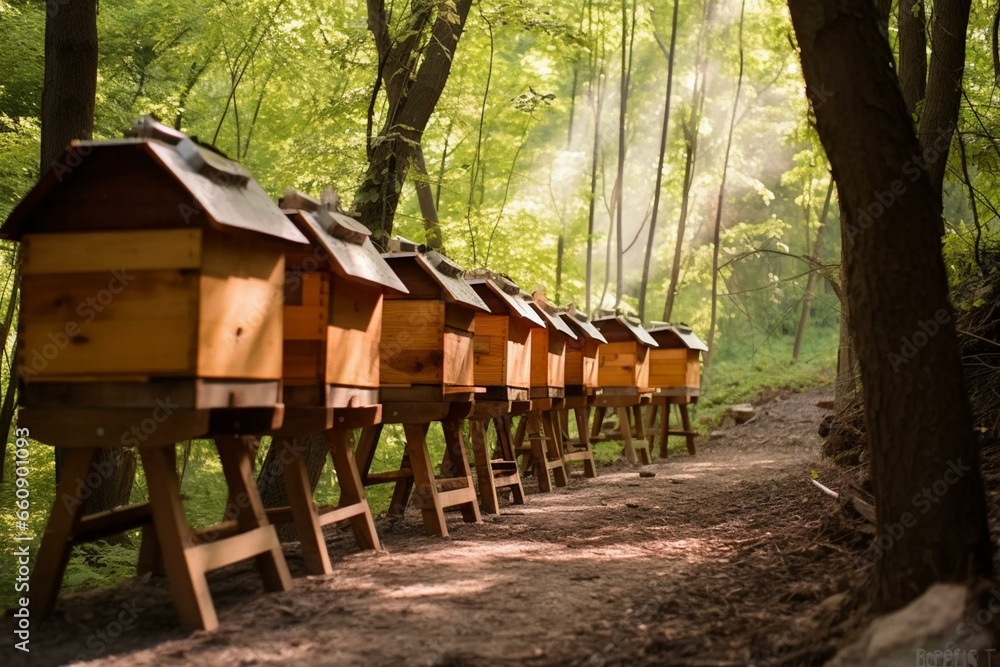 Wooden beehives for honey production. Generative AI