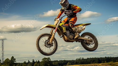 Motocross rider flying high over dirt track during extreme sports competition