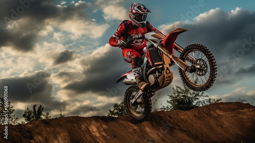 Motocross rider flying high over dirt track during extreme sports competition