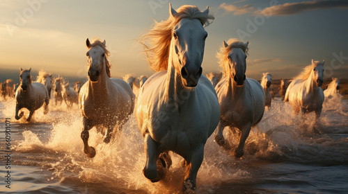 Horse group running on the sea side