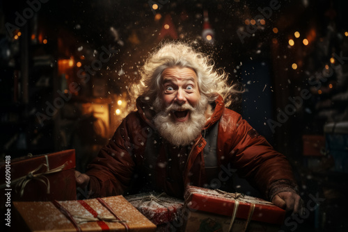 Cheerful emotional Santa Claus with a gifts in hands in his workshop. Christmas fairytale
