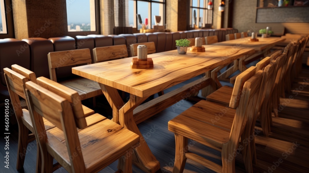 Set of wood table in restaurant for people eatery food. Generative Ai