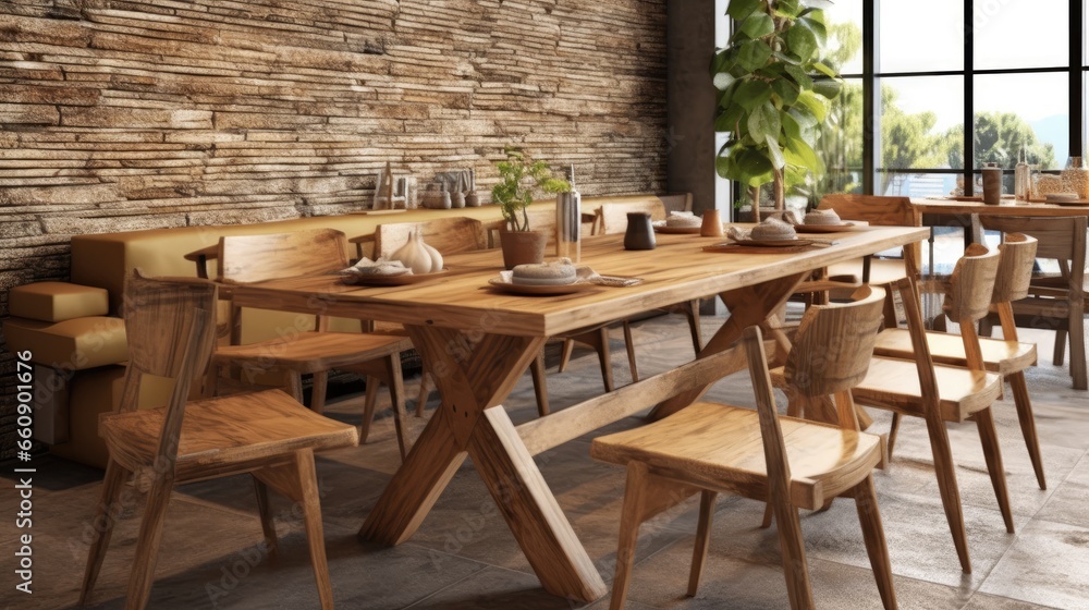 Set of wood table in restaurant for people eatery food. Generative Ai
