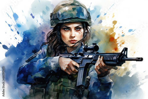 Watercolor illustration of Israeli patriot girl in military uniform with a weapon