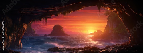 Coastal cave at sunset photo realistic illustration - Generative AI.