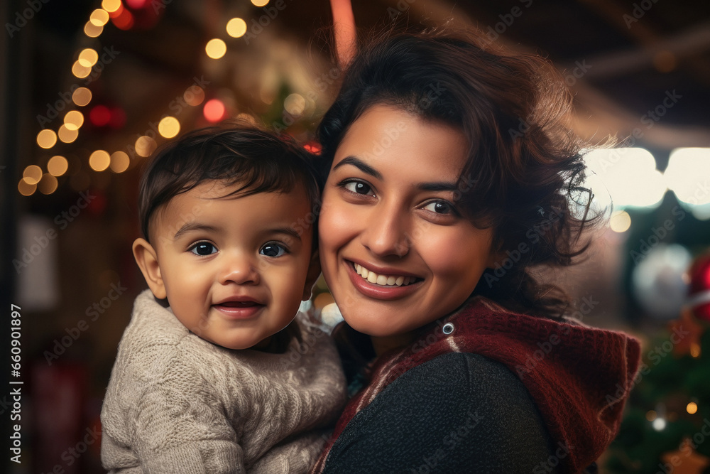 Indian woman giving happy expression with her little son Indian woman giving happy expression with her little son