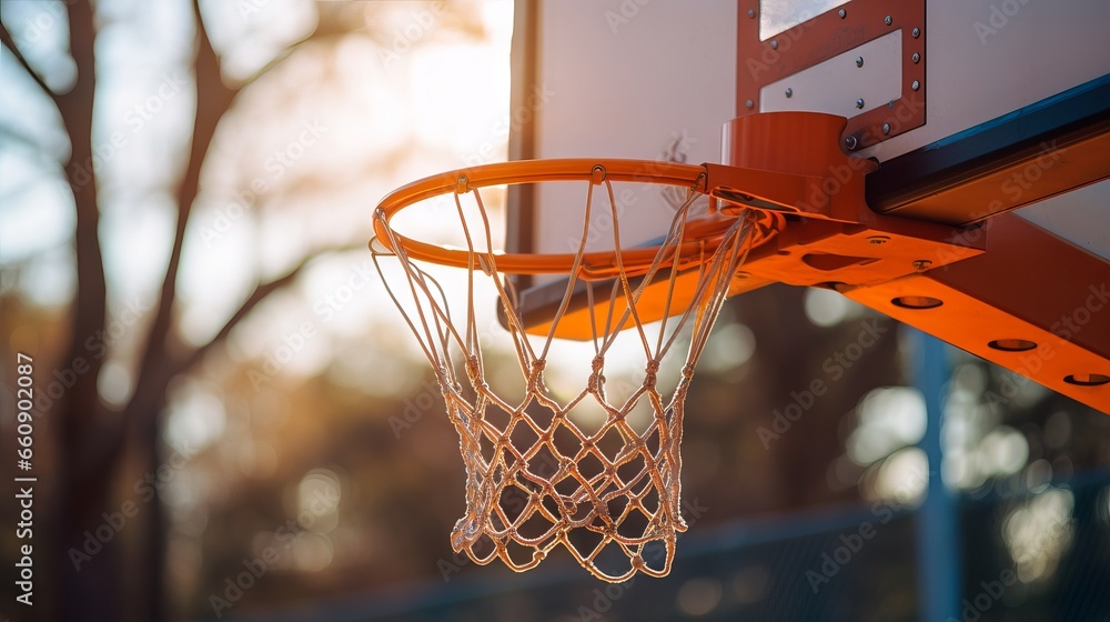 Basketball in hoop with blue sky background