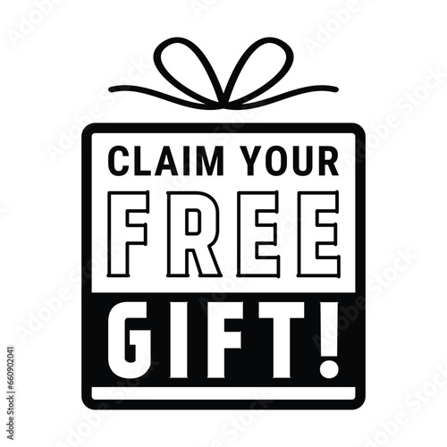 Claim Your Free Gift Box Icon Badge Vector Illustration, Gift Box Symbol, Marketing And Campaign Design Elements, Emblem, Label, Sticker, T Shirt Design Elements For Social Media Promotional Products