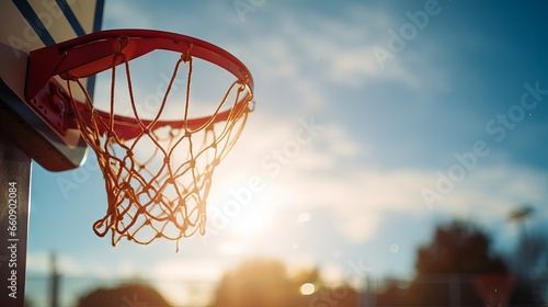 Basketball in hoop with blue sky background © Ameer