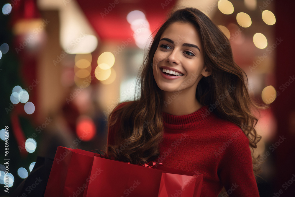 Young woman giving happy expression while shopping Young woman giving happy expression while shopping